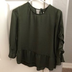 Army green women’s blouse with ruffled sleeves